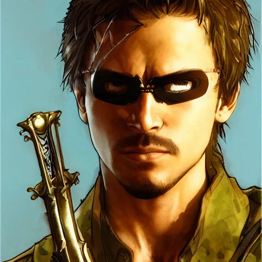 Prompt: portrait of a hero holding his sword in front of his face by yoji shinkawa, high quality, extra details, realism, ornate, colored, golden chain, blood, white skin, short hair, brown eyes, vivid, sunlight, dynamic, american man, freedom, white american soldier