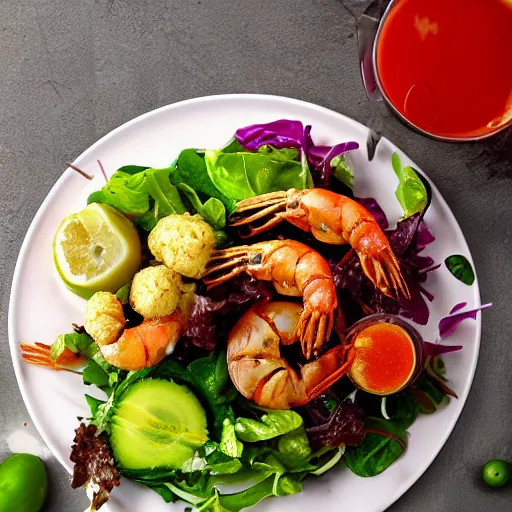 Prompt: a plate of food made of salad and huge alien shrimp xenomorph, award winning photographer, food photography