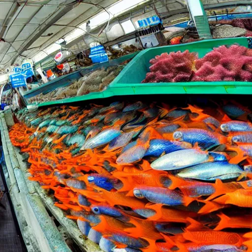 Image similar to billingsgate fish market selling boxes of coral reef 4k wide angle