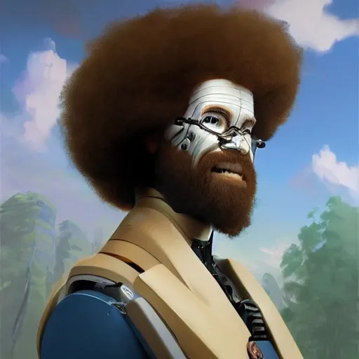 Image similar to bob ross cyborg. one eye covered with a robotic painting palette, art by artgerm and greg rutkowski and alphonse mucha, concept art, octane render, unreal engine 5, highly detailed, high quality, 8 k, soft lighting, realistic face, path traced