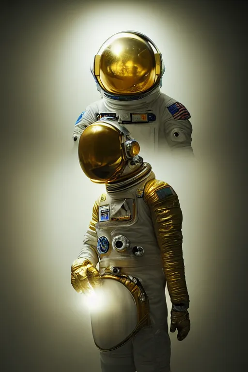 Image similar to extremely detailed studio portrait of space astronaut, helmet under arm, full body, soft light, golden glow, award winning photo by michal karcz and yoshitaka amano