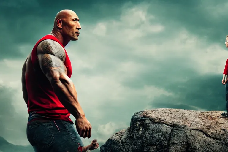 Prompt: ! dream a cinematic portrait of dwayne the rock johnson as pinocchio, 8 k, hd, high resolution, 8 5 mm, red and white color theme, f / 1. 8