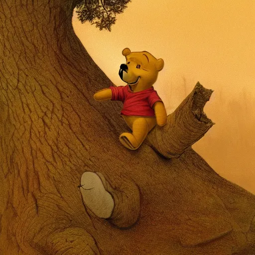 Image similar to highly detailed portrait of winnie the pooh ((winnie the pooh)) near a giant fallen sequoia tree. Fog. Painting by Caspar David Friedrich,Caravaggio, 4k, sepia tone