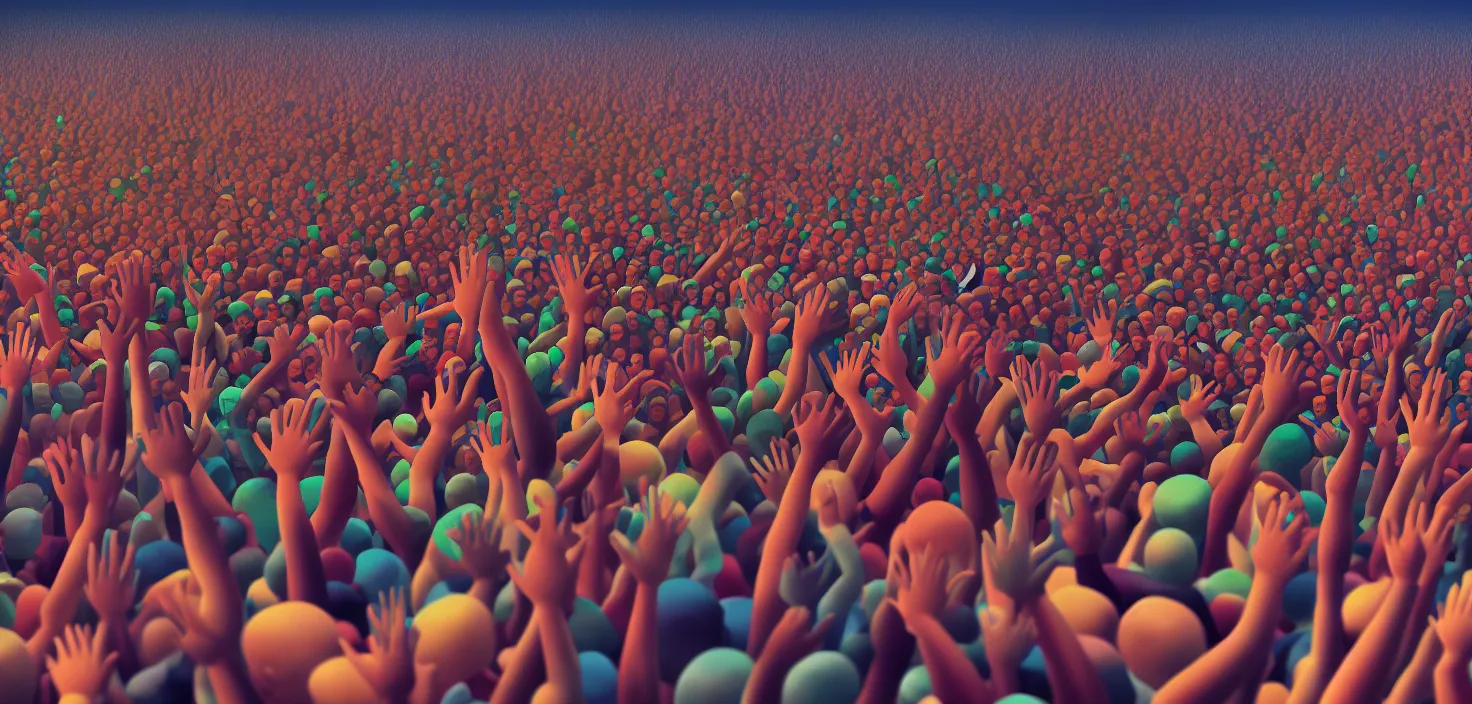 Prompt: painting of a crowd with raised arms pointing towardб demonstration, in the style of craola, shallow depth of field, highly detailed, digital painting, trending artstation, concept art, illustration, cinematic lighting, vibrant colors, photorealism, epic, octane render