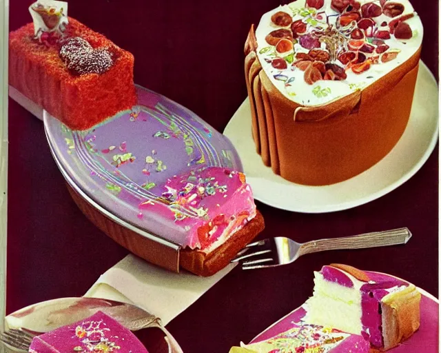 Image similar to 1970's cookbook color photograph of fancy cake sharp detail high detail