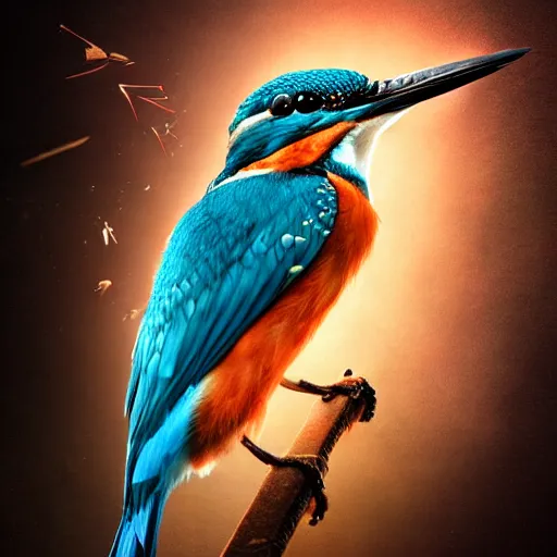 Image similar to kingfisher bird looking majestic, hyperrealistic photograph, dim volumetric lighting, extremely hyper detailed, intricate, epic composition, cinematic lighting, masterpiece, trending on artstation, stunning, hdr, smooth, sharp focus, high resolution, award, winning photo, dslr, 5 0 mm