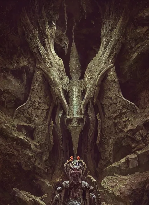 Image similar to hyper realistic photography of intricate symmetric strange alien bone god sitting on ruined ornamented rock throne in a crystal cave detailed, greg rutkowski, mignola, moebius, artstation, cgsociety