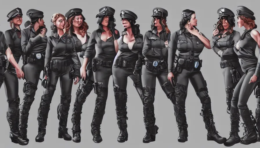Image similar to police women with prisoners, masterpiece, pinup, highly detailed, digital painting, artstation, concept art, smooth, sharp focus, illustration, Unreal Engine 5, 8K