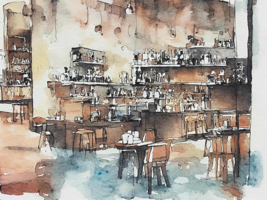 Image similar to a coffee shop smooth light color watercolor ink pen