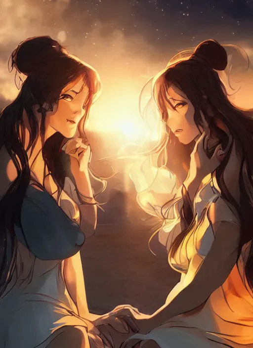 Prompt: two beautiful mothers outside on a hot summer evening, gorgeous faces, thick lines, cinematic lighting, detailed anime art