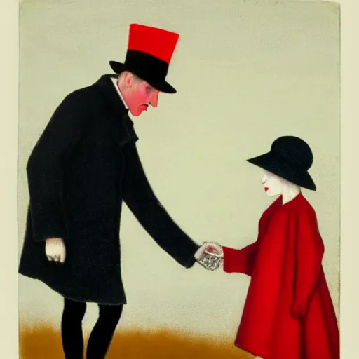 Prompt: A thin man in a black coat and bowler hat talks with small girl who is dressed in a red coat and a red hat, park, autumn, 1923, oil painting style, wide angle, high detail, width 768