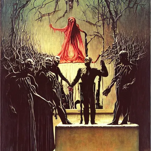 Prompt: Painting of the inauguration of Frankenstein by Norman Rockwell & Zdzisław Beksiński