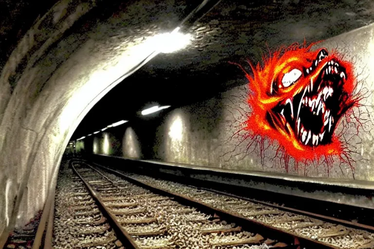 Prompt: very large giant mutant zombie irradiated ( angry rat ) staying on railways in tonnel of moscow subway. tonnel, railways, giant angry rat, furr, fangs, very realistic. extreme long shot, rusty colors, anish kapoor, ( herman nitsch, giger ).