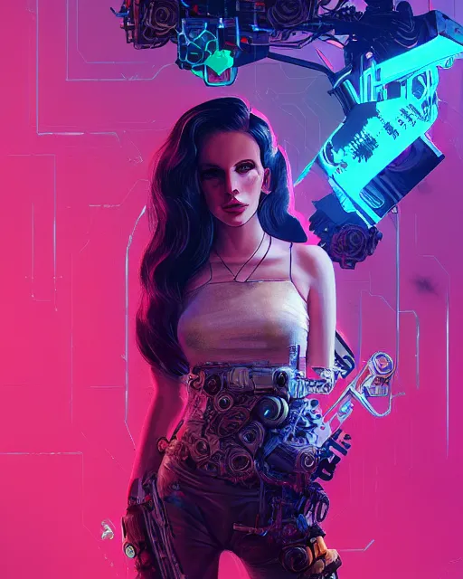 Image similar to portrait of lana del rey as a cyberpunk cyborg. roses, sci - fi, intricate abstract, upper body, intricate artwork, by tooth wu, wlop, beeple, dan mumford. concept art, 8 k octane render, deviantart, greg rutkowski, cinematic, key art, hyperrealism, iridescent accents