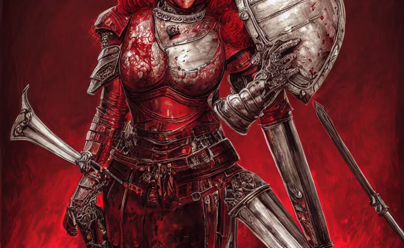 Prompt: redhead queen knight in red armor, inside grand hall in castle with rococo aesthetic, exposed beating heart in chest, crown, face with scars, dark souls 3, intimidating, ominous, evil, high fantasy, intricate detail, digital painting, artstation, concept art, smooth, sharp focus, illustration, art by yoshitaka amano and monia merlo and giger and wlop