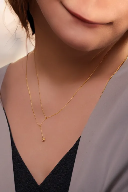 Prompt: 2 4 year old professional female wearing white v - neck top, 1 8 k gold necklace pendant, portrait, neck zoomed in, photo realistic, extreme detail skin, no editing, slr, golden hour, 4 k, high definition, selfie