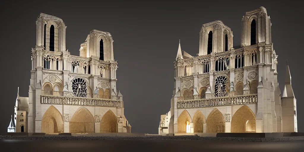 Prompt: paper model of the Notre Dame, hyperrealistic, illuminated, very fine details, ornaments, fractal struktures, studio light, 8K, product photo, spotlight, dark background