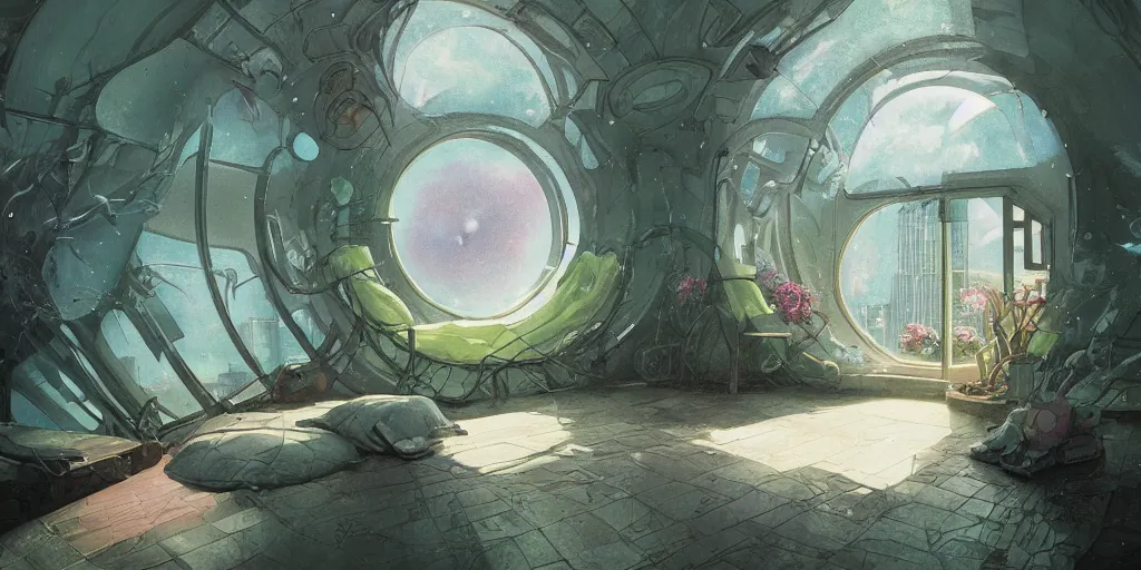 Prompt: 90s interior with circular windows, natural starlight, bright colors, romantic greenery, flowers, cinematic, cyberpunk, smooth, chrome, lofi, nebula, calming, dramatic, fantasy, by Moebius, by zdzisław beksiński, fantasy LUT, studio ghibli, high contrast, epic composition, sci-fi, dreamlike, surreal, angelic, 8k, unreal engine, hyper realistic, fantasy concept art,