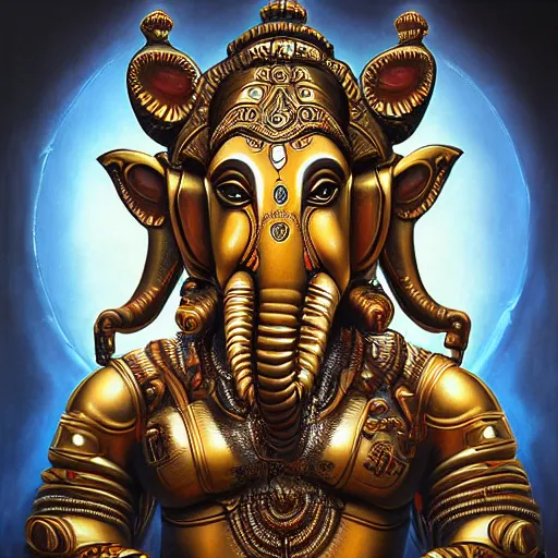 Image similar to biomechanical robot Ganesha , hyper-realistic futuristic portrait, intricate details, hyperdetailed fantasy character, supersharp, hypermaximalist, dramatic lighting, hajime sorayama, brom, Indian god, Ganesha, ganapati, vinayak, futuristic portrait of photorealistic Cyborg Ganesha