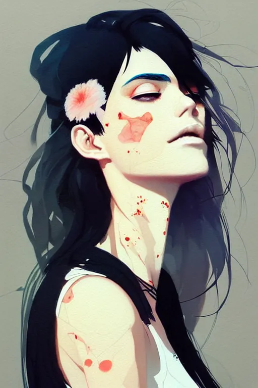 Image similar to a ultradetailed beautiful painting of a stylish woman with a white tank top, she has black hair with bangs, by conrad roset, greg rutkowski and makoto shinkai trending on artstation