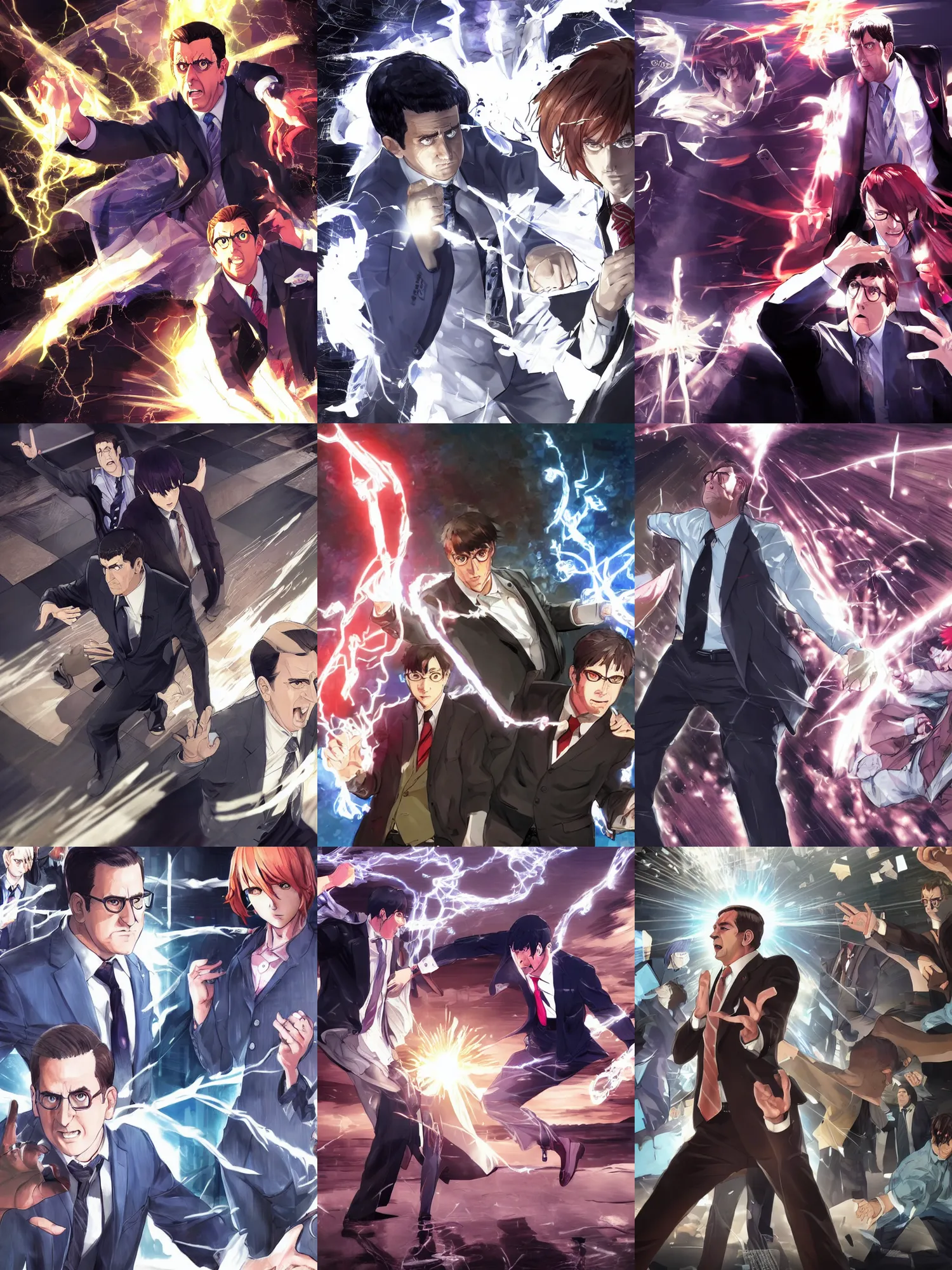 Prompt: a ultradetailed concept art of the moment when michael scott from the office have summon his persona, dwight, to protect himself from the terrible phyllis, dynamic lighting, cinematic lighting, dramatic lighting, oil panting, high resolution, 4 k, by shigenori soejima and masayoshi suto
