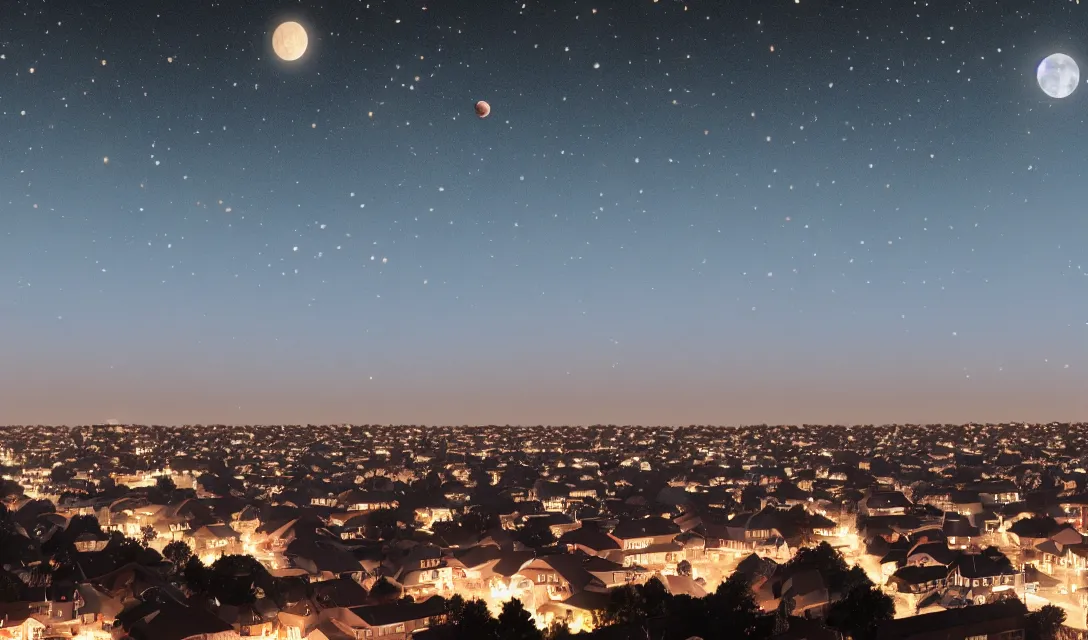 Prompt: thousands of different moons scattered across the sky. thousands of big moons, focus on the sky. thousands of houses in the city, hyperrealism, no blur, 4 k resolution, ultra detailed