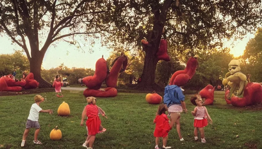 Prompt: 1990s candid photo of a beautiful day at the park, families playing, cinematic lighting, cinematic look, golden hour, large personified fruit creatures in the background, Enormous fruit people, scary fruit, UHD