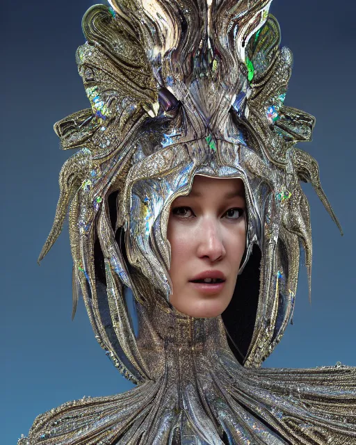 Image similar to a highly detailed metahuman 4 k close up render of an alien goddess bella hadid monument jibaro in iris van herpen dress schiaparelli in diamonds crystals swarovski and jewelry iridescent in style of alphonse mucha gustav klimt trending on artstation made in unreal engine 4