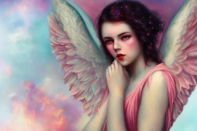 Image similar to pretty angel girl with wings photograph in the style of tom bagshaw, colorful, realistic, 8 k