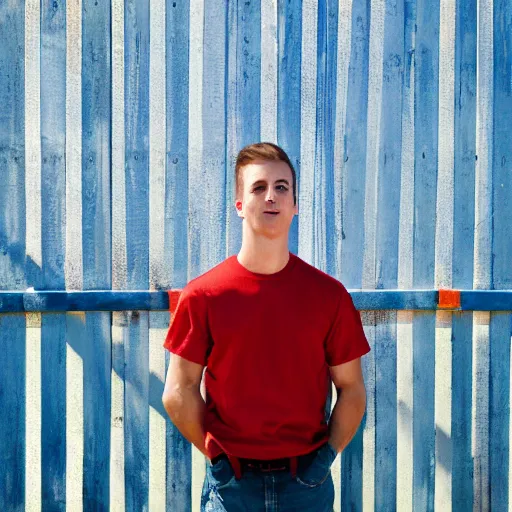 Image similar to young white guy in a red bandana staring at a blue sky with a fence in the background, photo, photoshoot, detailed