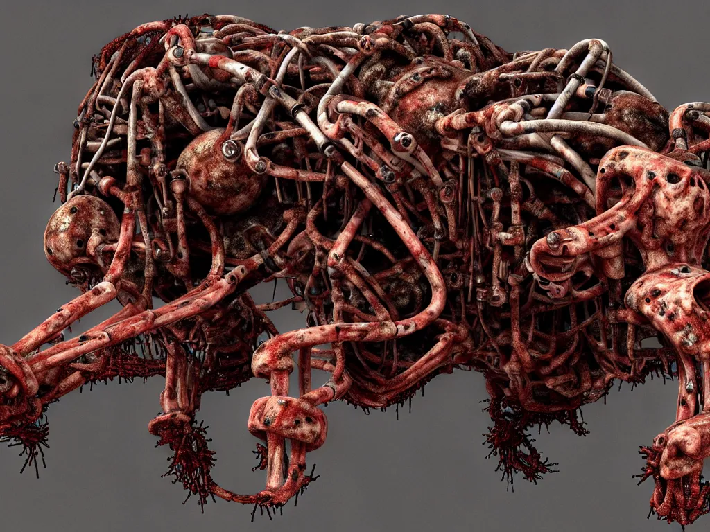 Image similar to Techno-biological rusty panzer consisting of tumors, meat, veins, bones, guts, kidneys, wires. Biopunk, body-horror, high detail, photorealism, full length view, very rust, concept art, 16k