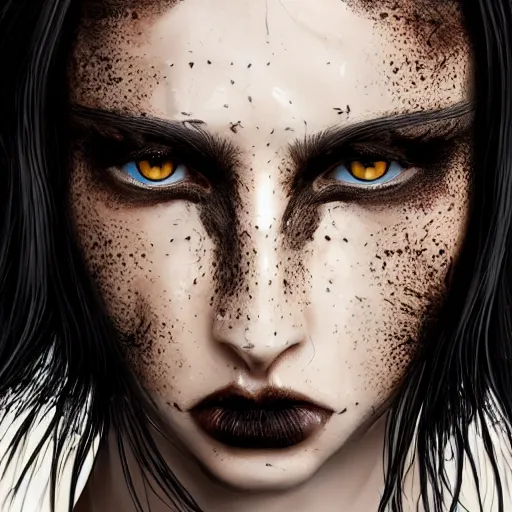 Prompt: pretty woman with long black hair, freckles on face, suntanned skin, dark brown middle eastern eyes narrowed, scar on left side of neck, wearing black armor, digital art, hyperdetailed, hyperrealistic, 4 k, 8 k