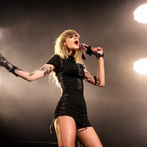 Prompt: extremely detailed professional wide full body shot of sexy taylor swift, accurate face, wearing a ripped black dress, with tattoos and piercings, screaming into a microphone on stage in a metal band at death metal concert, harsh shadows and lighting