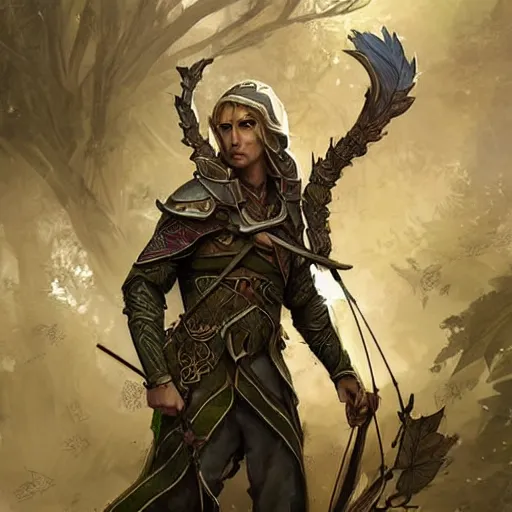 Image similar to male elven Archer armor made of leaves, epic fantasy digital art, fantasy style art, by Greg Rutkowski, fantasy hearthstone card art style