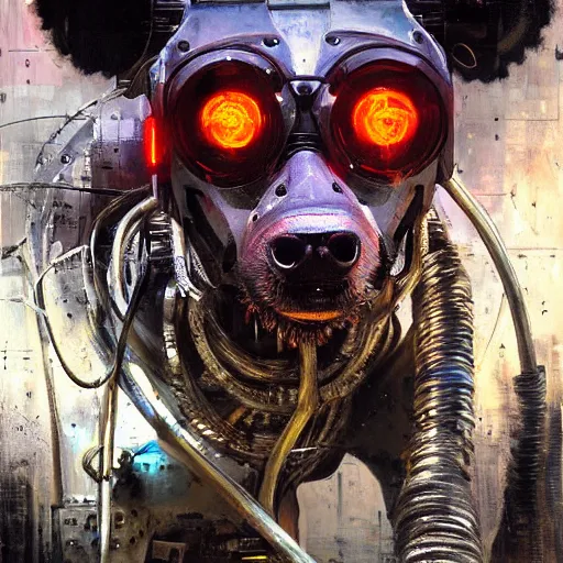 Image similar to robot cyborg hyena, many wires and neon lights exposed, metal and glowing eyes, highly detailed painting by jeremy mann