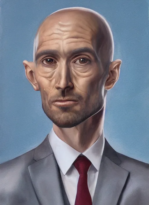 Image similar to a hyper realistic portrait of a handsome male alien in a suit