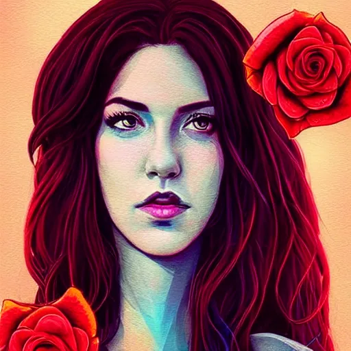 Image similar to beautiful charming goddess of sunshine and roses, inspired by stephanie beatriz and ruby rose, character art portrait, deviantart artstation, by alena aenami, by michael whelan, behance hd, bokeh