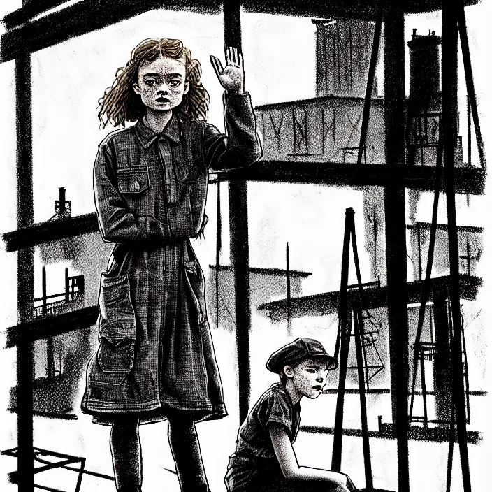 Image similar to sadie sink in dirty workmen clothes waves goodbye to workmen. background : factory, dirty, polluted. technique : black and white pencil and ink. by gabriel hardman, joe alves, chris bonura. cinematic atmosphere, detailed and intricate, perfect anatomy