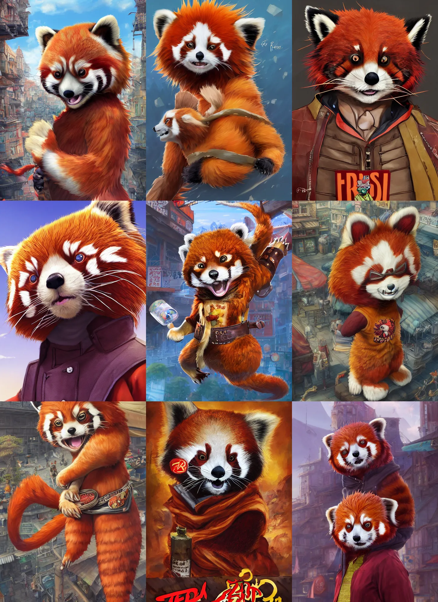 Prompt: red panda fursona, character portrait of guy fieri with gorgeous detailed eyes in the marketplace in the sky, color page, tankoban, 4 k, tone mapping, doll, akihiko yoshida, james jean andrei riabovitchev marc simonetti, yoshitaka amano, long hair, curly, h. hydrochaeris