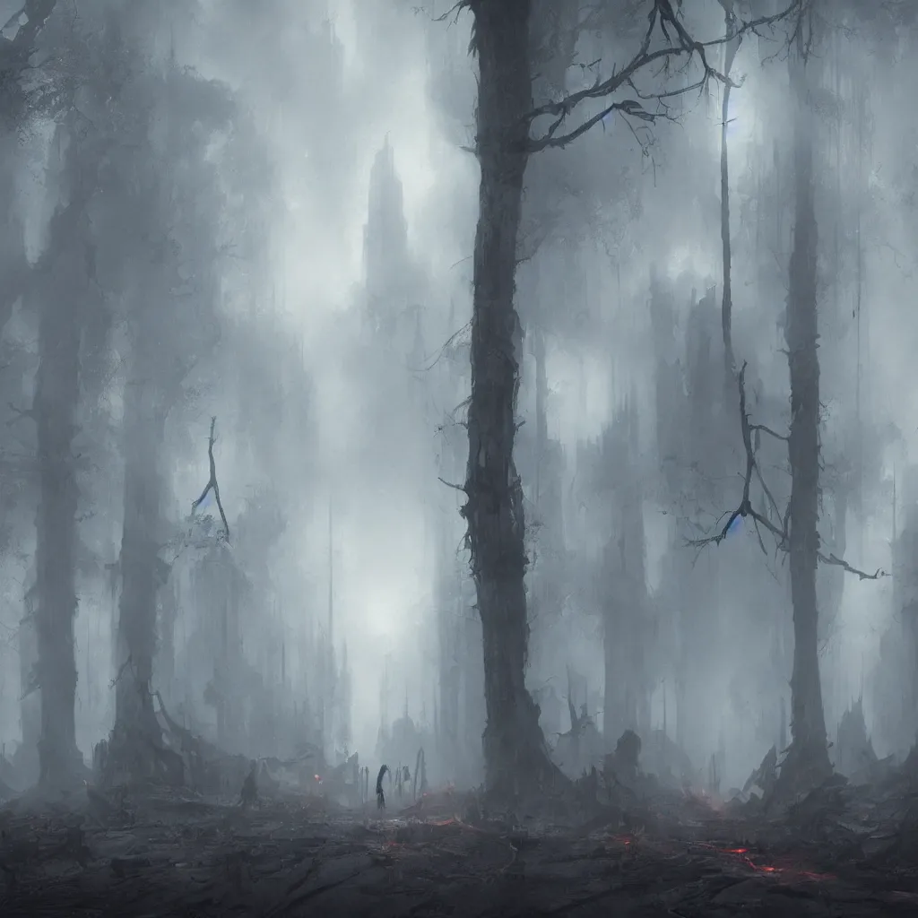 Image similar to anti christ, magical area, foggy area, by greg rutkowski, sharp focus