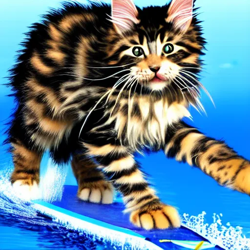 Image similar to Maine coon kitten is a Water skiing champion, action shot. Digital art