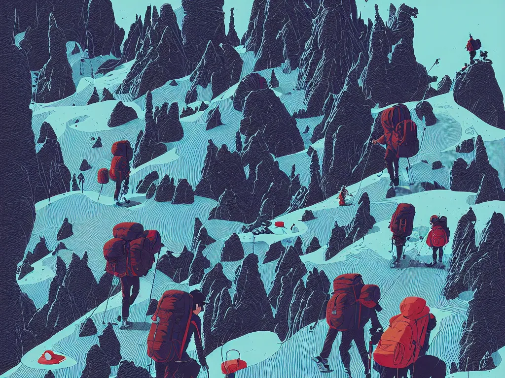 Image similar to backpacking on mountain by balmy enso, jamie hewlett, nicolas delort, moebius, victo ngai, josan gonzalez, kilian eng