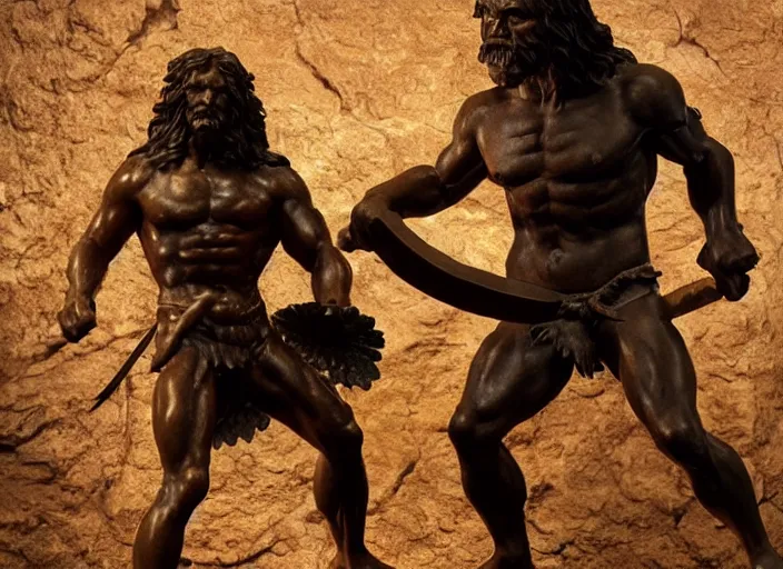 Image similar to a full figure rubber sculpture of a small conan the barbarian fighting a giant troll, by Michelangelo, dramatic lighting, rough texture, subsurface scattering, wide angle lens