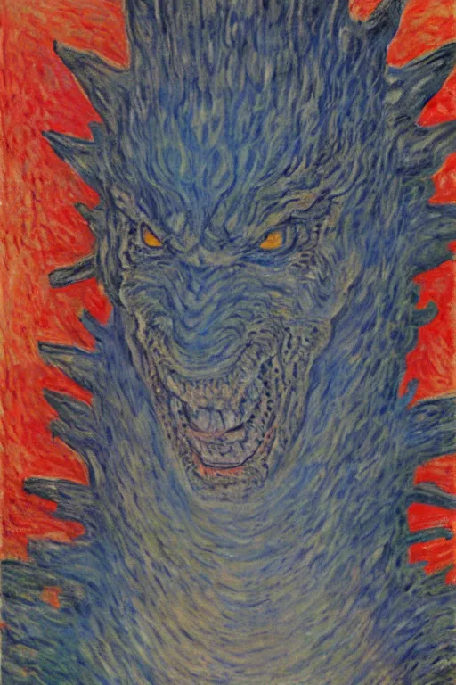 Prompt: shinzo abe face on Godzilla painting by claude monet