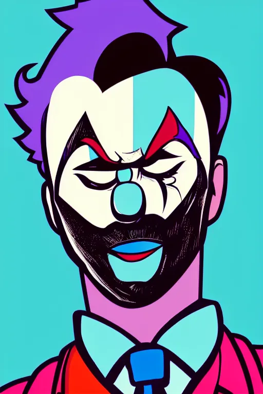 Image similar to display twitter guy wearing an blouses with clown mask. pop art, gta vice city art style, pixel art, face and body features details, ultra realistic details, digital art, concept art, casual art, sharp focus, illustration, intecrate details, elegant, confident posse, art by mark millar and richard hamilton and mimmo rottela