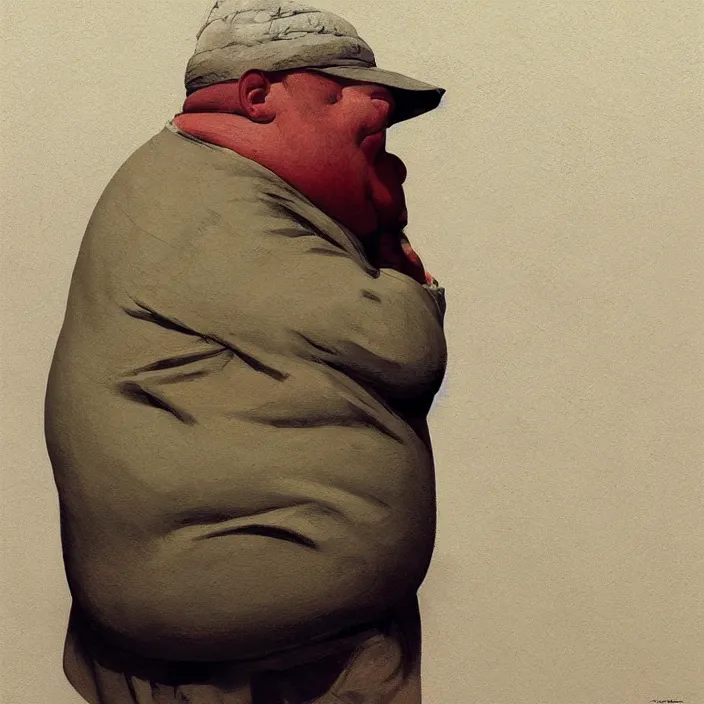 Image similar to old fat man portrait with a paper bag over the head, highly detailed, artstation, art by ian mcque, ilya kuvshinov, zdislav beksinski, wayne barlowe, edward hopper