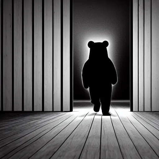 Image similar to dark photograph of a small bear character with a spotlight focused on him walking through a large wooden doorway