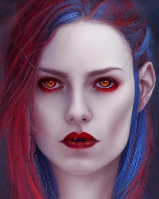 Prompt: A detailed matte oil on canvas head on symmetrical portrait of a distinguished elven woman with split red and blue hair on an empty background, by Charlie bowater, Wlop, trending on artstationhd, dungeons and dragons art, parted hair , half blue, half red , split dye, critical role