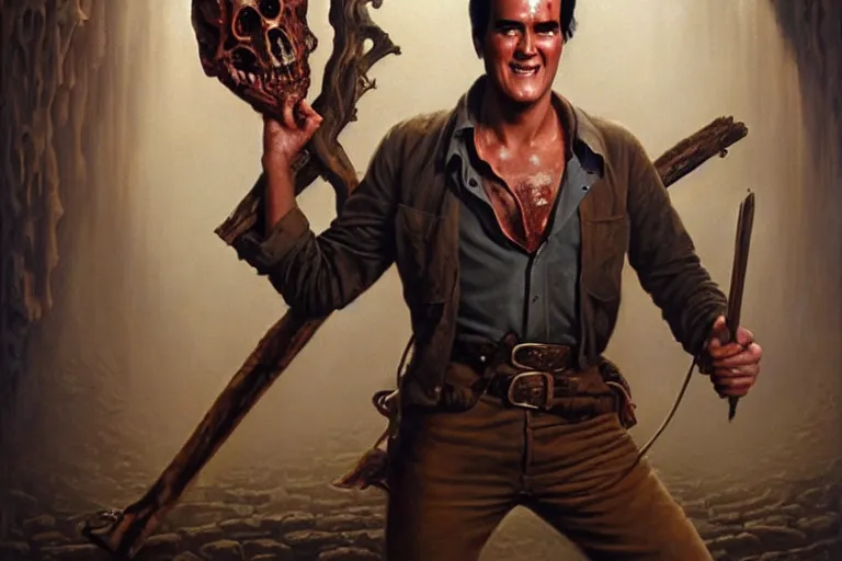Image similar to portrait of young bruce campbell from evil dead as indiana jones in the temple of doom ( 1 9 8 4 ). oil painting elegant, highly detailed, centered, digital painting, artstation, concept art, smooth, sharp focus, illustration, artgerm, tomasz alen kopera, peter mohrbacher, donato giancola, joseph christian leyendecker drew struzan