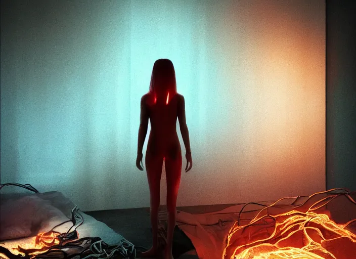 Prompt: rgb, portrait, woman, bedroom full of fire, rage, cinematic, movie scene, inspired by zdzislaw beksinski, clothes made out of veins,, cables everywhere, bedroom, ultra realistic, concept art, intricate details, highly detailed, photorealistic, octane render, 8 k